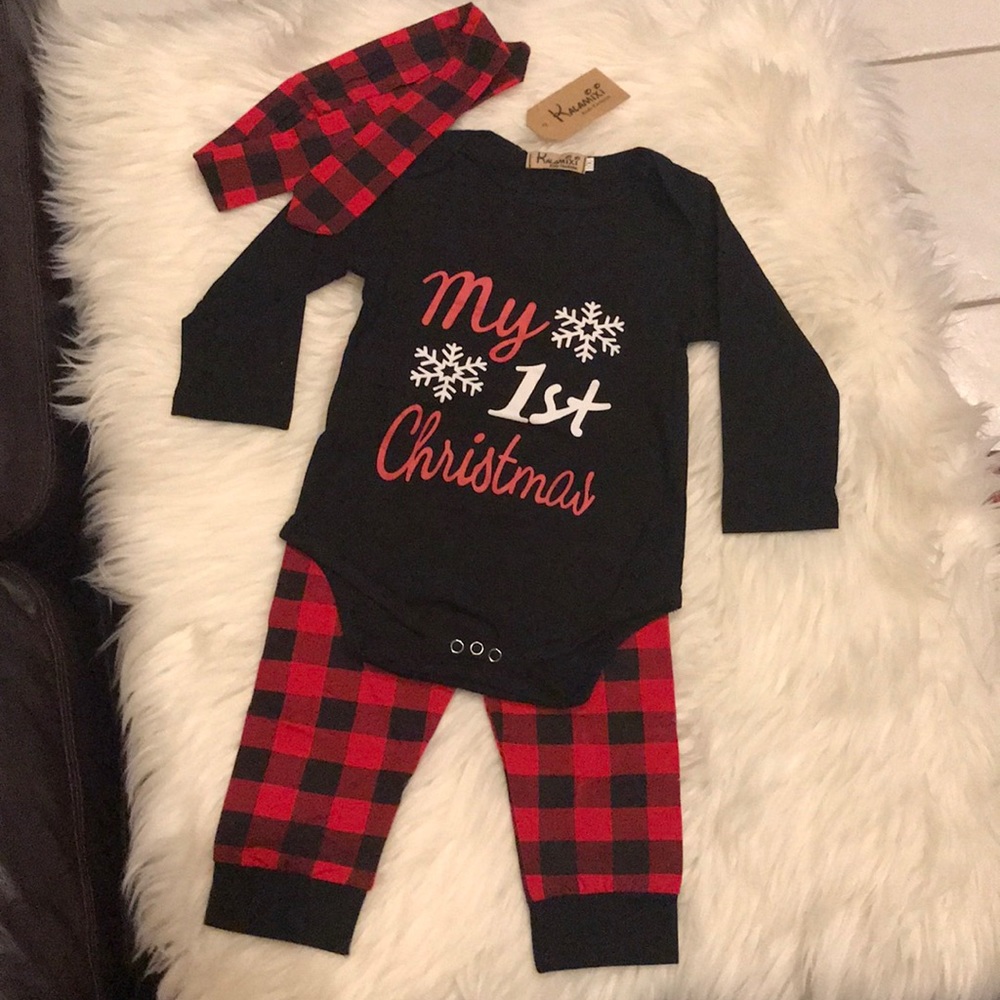 NWT My 1st Christmas 3 pc Outfit Black/Red Plaid